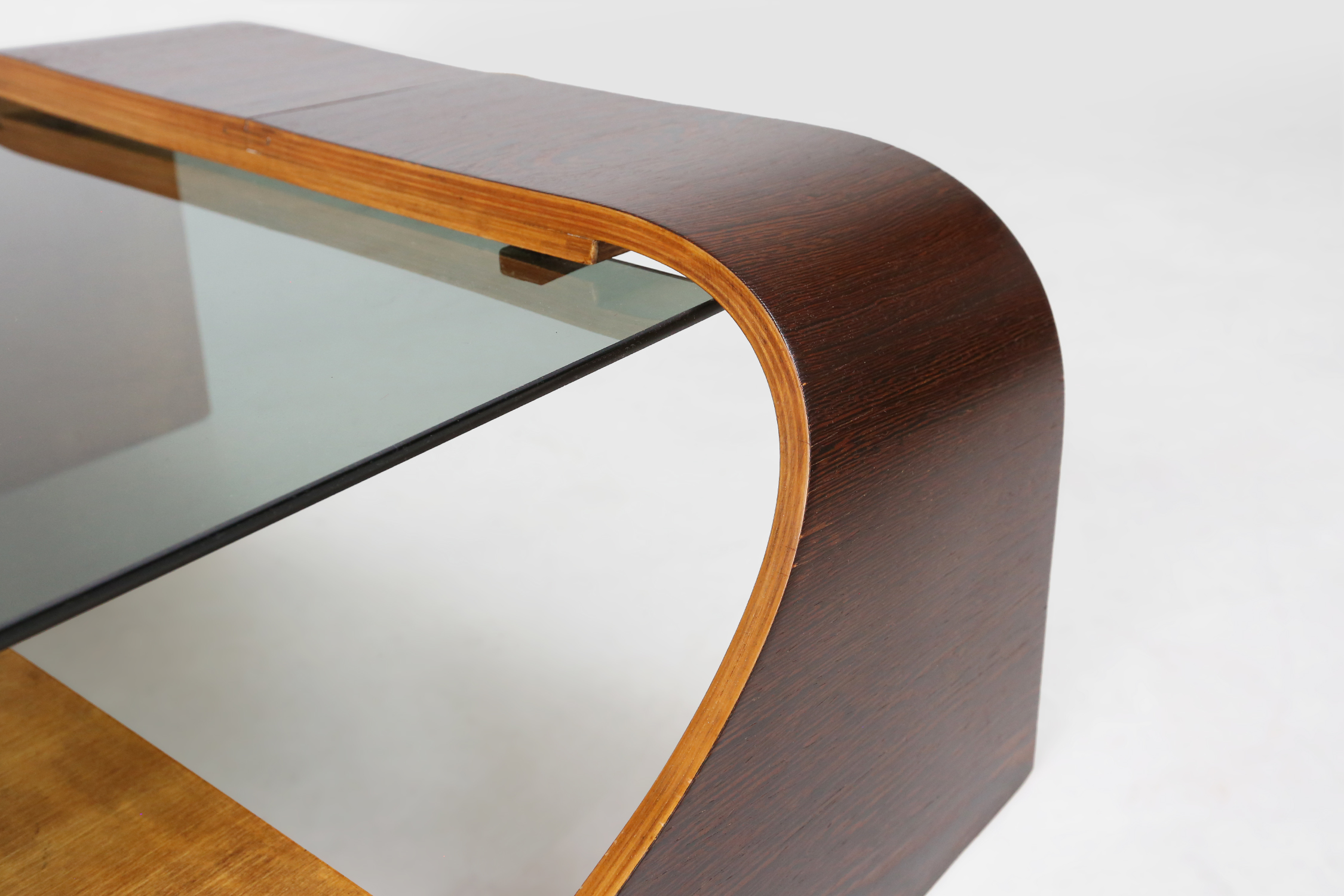 French mid-century coffee table in curved wenge plywood with glass top, 1960sthumbnail